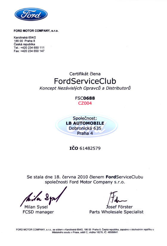 LB Automobile Certifikát Ford Service Club